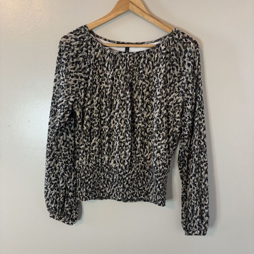 White House Black Market Camo Print Blouse Elastic Waist Top Green Black…